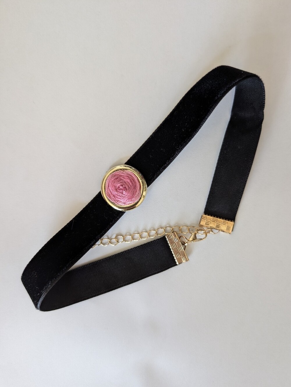 Black Velvet Choker Short Necklace With Hand Embroidered Pink Rose Flower Gold